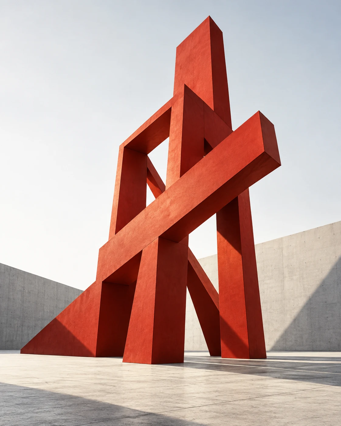 Sculptural red architectural beams forming an ascending structure